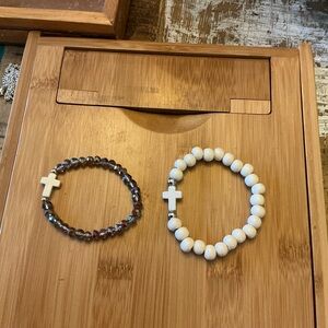 Beaded Cross Stretch Bracelets - Wood & Iridescent